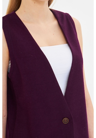 Armonika Kadın Mor V Yaka Tek Düğmeli Oversize Desenli Yelek Arm-25k001110