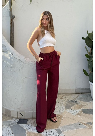 Pembe Keten Karışımlı Bol Kesim Pantolon Bordo