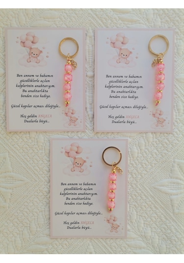 İsme Özel Tasarım Pembe Anahtarlık Hastane Yeni Doğan 40 Mevlidi Dağıtmalık Hediyelik 72 Adet