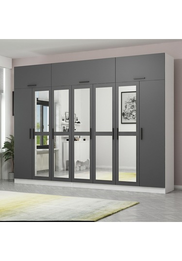 Minar Kale 7 Kapaklı 5 Aynalı 4 Ç Dolap Ve Yüklük Beyaz Antrasit 255cm Çok Renkli