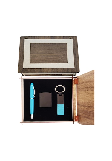 Özel Ahşap Kutulu Mavi Kalem Anahtarlık Ve Çakmak Set