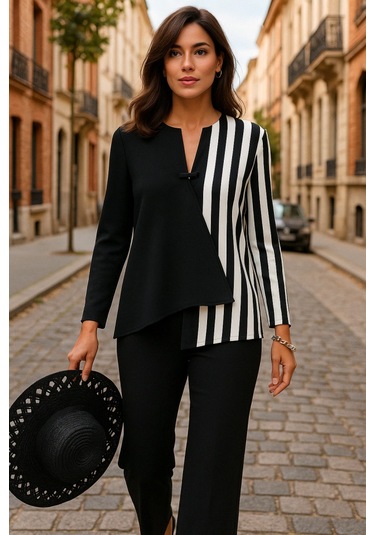 Ge Ticaret Kadın Keten Kumaş Çizgi Desenli Uzun Kollu Bluz Siyah