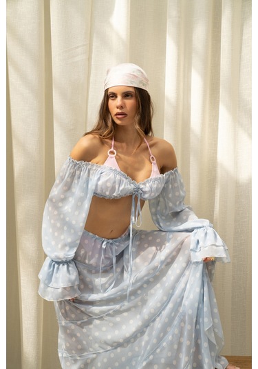 Mai Collection Samos Puantiyeli Mavi Crop Etek Takım