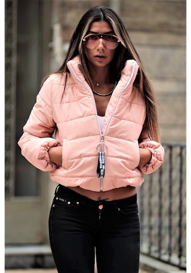 Kadın Pudra Dik Yaka Su Geçirmez Kısa Şişme Mont
