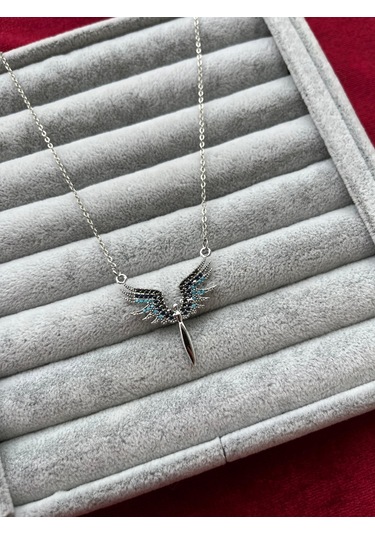 Gümüş Renk Mikail Meleği Kanatlı Karışık Renkli Taşlı Zirkon Kolye Gümüş