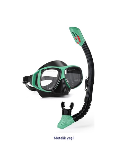 Profesyonel Şnorkel İki Parçalı Silikon Tam Kuru Şnorkel Büyük Çerçeve Sis Geçirmez Dalış Gözlüğü Seti Yeşil