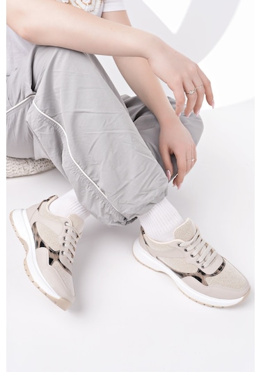 Muggo Melody Kadın Kalın Taban Günlük Leopar Desenli Bağcıklı Sneaker Spor Ayakkabı Ten