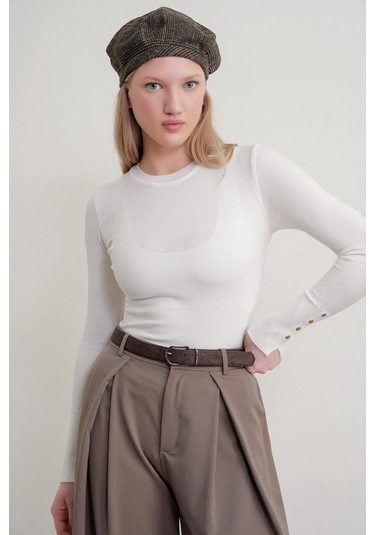 6736 Kadın Bisiklet Yaka Kolu Droplu Triko Kazak Kemik Kemik