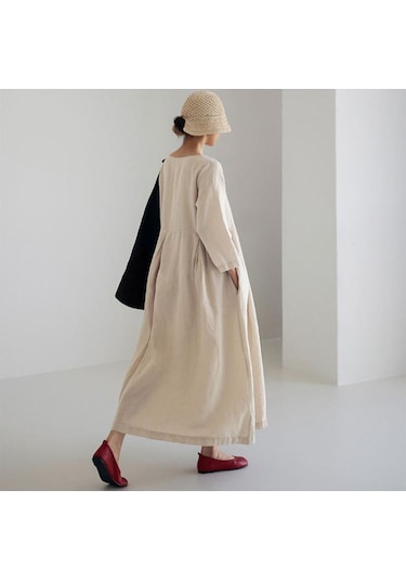 İlkbahar Ve Yaz Kadın Elbise Gevşek Büyük Boy Pamuk Keten Yuvarlak Boyun Kazak Düz Renk Uzun Elbise Askı Elbise Bej