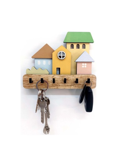 Cajuart Dekoratif Boyutlu Pastel Ton Evler Duvar Dekoru Askılık Anahtarlık