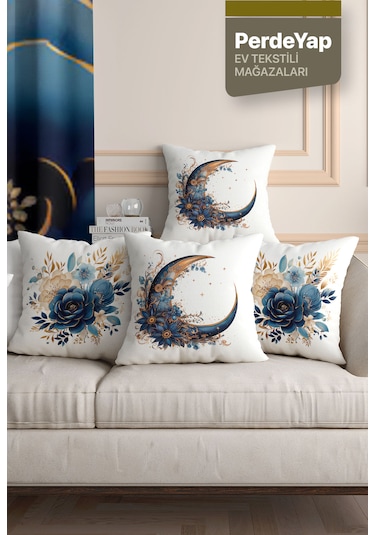 Mavi Çiçek Ve Hilal Desenli 4'lü Kırlent Kılıfı