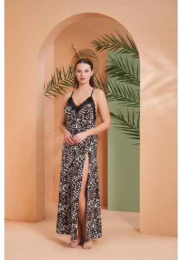 Pjs Kadın Leopar Desenli İp Askılı Dantel Yaka Yırtmaçlı Uzun Gecelik LEOPAR