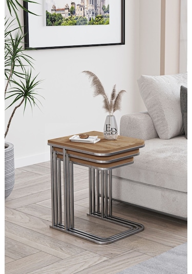 Lyon 3'lü C Zigon Sehpa Gümüş Metal - Atlantik Çam Tabla