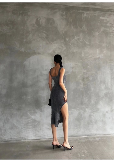 Kaşkorse Aşit Yıkamalı Yırtmaçlı Elbise Antrasit