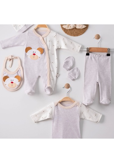 3 Ay Ayıcık Detay Tulumlu Erkek Bebek 5'li Set Kahverengi