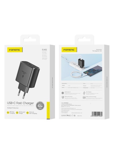 Foneng EU62 GaN 45W PD Type-c Girişli Hızlı Şarj Adaptörü Siyah