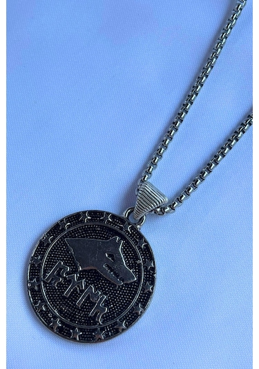 Göktürk Bayrağı El İşçiliği Paslanmaz Çelik Zincir Erkek Kolye Gümüş