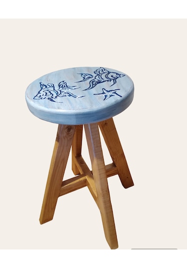 Sea Stoll Tamamı Ahşap El Yapımı Deniz Temalı Tabure