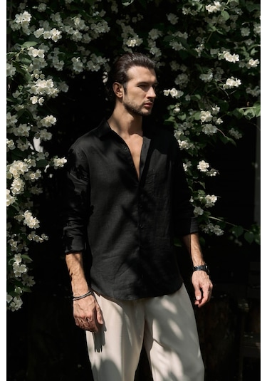 Mai Collection Mai Studios Co. Ombretta Siyah Keten Oversize Erkek Gömlek Siyah
