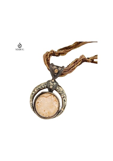 El Dokuması Bohem Pirinç Boncuklu Retro Etnik Tarzda Yuvarlak Değerli Taş Kolye Kahverengi