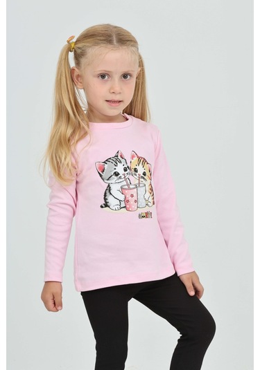 Toontoy Kız Çocuk İkili Kedi Baskılı Sweatshirt Pembe