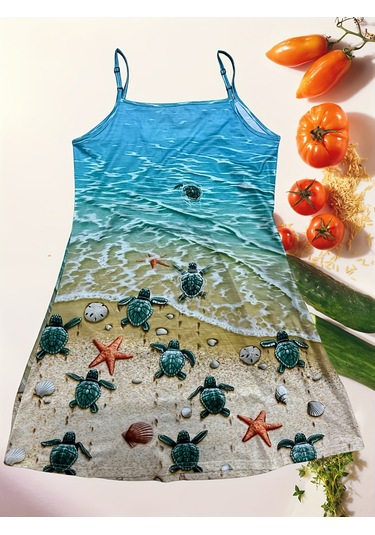 Kadın Şık Plaj Temalı Kolsuz Plaj Elbisesi Mavi