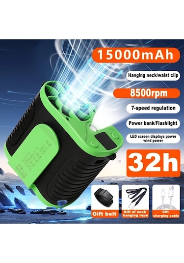 Motion003 Yeşil 15000mah Pil Güç Bankası Taşınabilir Bel Fanı Usb Şarjlı Dış Mekan Soğutma Fanı 8500rpm 7 Hız Ayarı