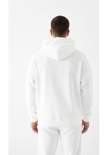 Erkek Beyaz Oversize Hoodie Sweatshirt Beyaz