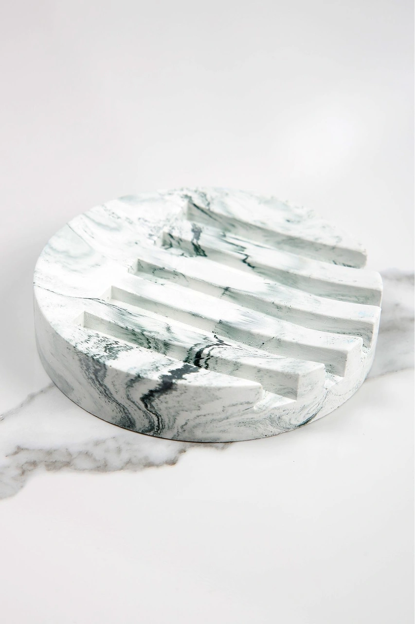 Mermer Desenli Yuvarlak Model Beton Katı Sabunluk Su Giderli 10 Cm Yeşil