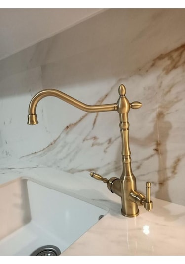 İsaoğlu Yapı Mat Gold Arıtmalı Batarya Mat Altın Dore Country Evye Musluğu Rustik Arıtıcılı Batarya Gold