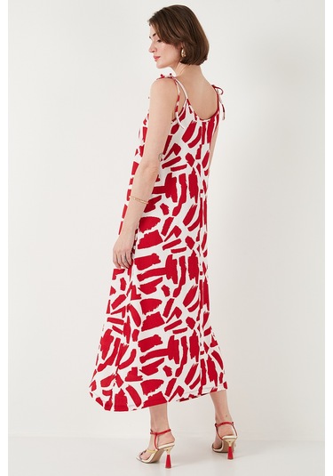 Lela Desenli Midi Boy Oversize Fit Bağlamalı Ip Askılı Bisiklet Yaka Bayan Elbise 5869009 Bordo