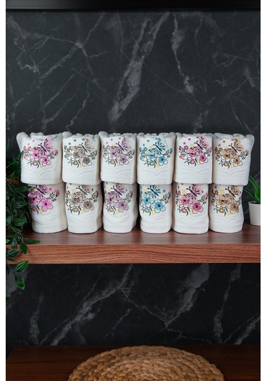 %100 Pamuklu 3d Kelebek İşlemeli 12 Li Analı Kızlı Çeyizlik Havlu Seti 50x90 Cm - 00030 Beyaz