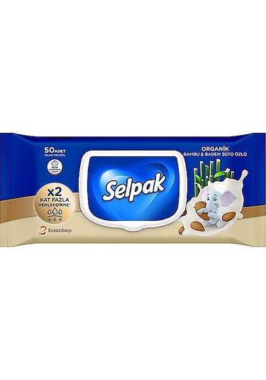 Selpak Organik Bambu Özlü & Badem Sütü Özlü Islak Mendil 50'li Tekli