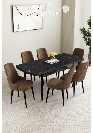 Mabel Siyah Mermer Desen 80x132 Açılabilir Yemek Odası Takımı 6 Adet Sandalye Kahverengi