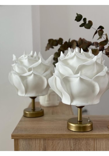 2'li Dekor Yapay Eva Gül Kablosuz Masa Lambası Üst Beyaz-alt Eskitme Gold 9v Kare Pil 2 Adet