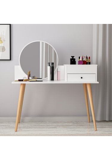 Angel Aynalı Fonksiyonel Makyaj Masası – Çekmeceli ve Gizli Takı Bölmeli, Beyaz