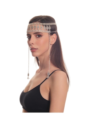 Labalaba Kadın Antik Gümüş Kaplama Zincirli Geniş Bant Tasarım Saç Zinciri Gümüş