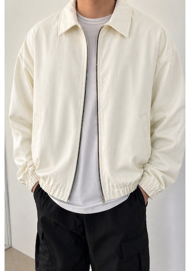 Tarz Cool Erkek Oversize Bomber Ceket Fermuarlı Basic Günlük Şık Mont Beyaz