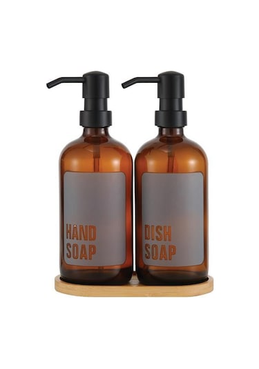 2'li Amber Cam Sıvı Sabunluk Seti Standlı Gri Etiketli