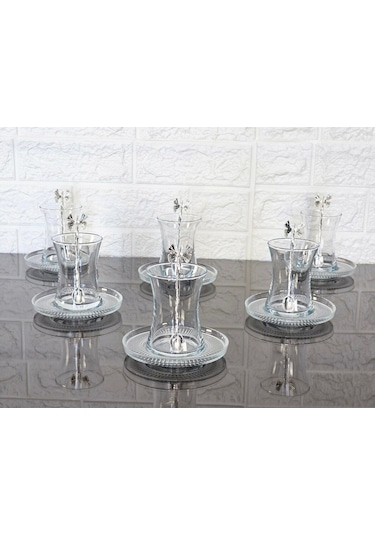 18 Parça Çay Seti Gümüş Kelebek Çay Kaşıklı 6 Bardak 6 Tabak 6 Kaşık Gümüş