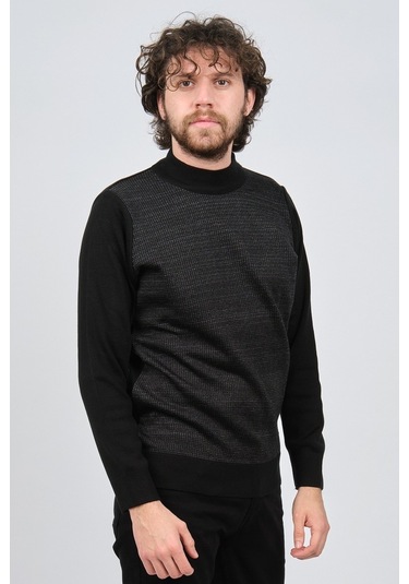 Çizgi Triko Erkek Yarım Balıkçı Yaka Desenli Kazak 42564225 Siyah Siyah