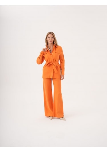 Kuşaklı Düz Form Keten Ceket Orange
