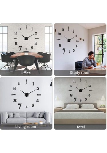 Maiyame Büyük Boy Siyah 3d Duvar Saati - Plastik+akrilik Dıy Dekoratif Saat, 25.5-47 İnç Ayarlanabilir, Zarf:40 14 8 Cm, Aa Pil Dahil Değil Siyah