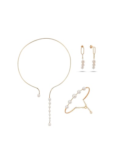 8,5 Mm Sallantılı Doğal İnci Küpe Kolye Bileklik Üçlü Set