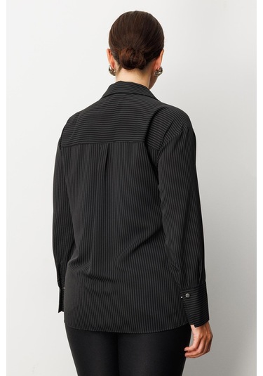 Moda İlgi Kadın Büyük Beden Simli Çizgili Gömlek 0034 Siyah Siyah