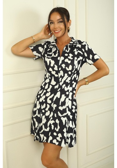 Önü Fermuarlı Leopar Desenli Pile Detay Krep Elbise-38545-siyah