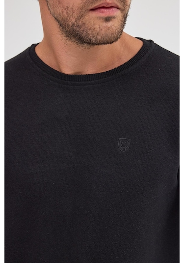 Comeor Erkek Siyah Standart Fit Normal Kesim Pamuklu Basic Bisiklet Yaka Sweatshirt Siyah