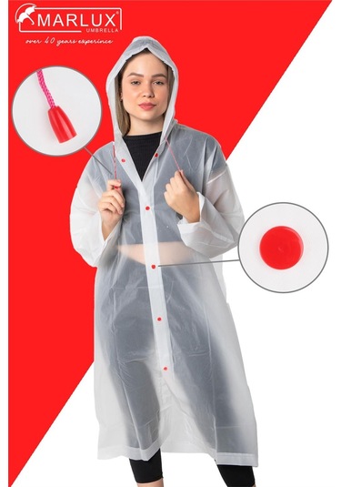 Marlux Unisex Su Rüzgar Geçirmez Kapüşonlu Çıtçıt Düğme Eva Yağmurluk - Beyaz - Kırmızı