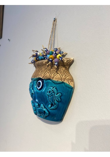 El Yapımı Nazar Boncuğu, Duvar Dekorasyon Ürünü, Seramik, El İşçiliği, Turkuaz Renkte Vazo Desenli -