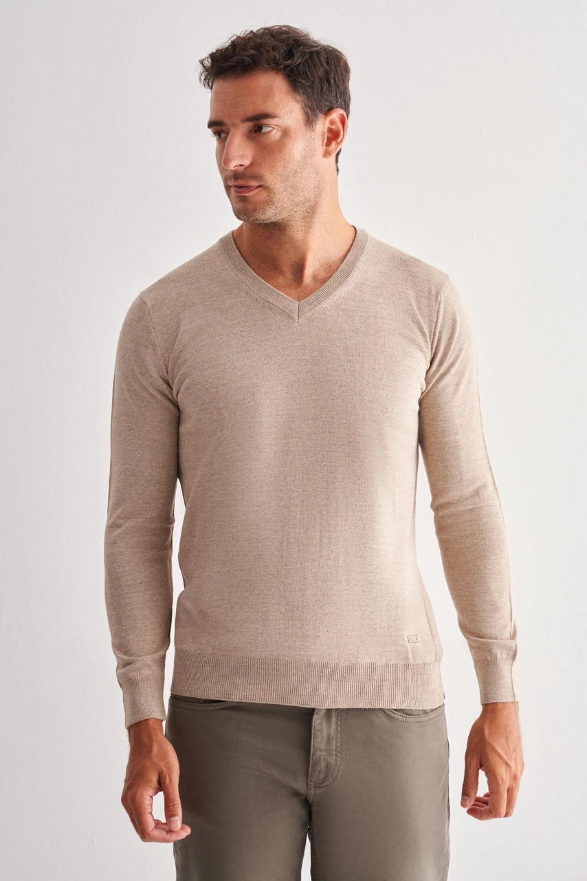 İmza Bej V Yaka Uzun Kol Cepsiz Comfort Fit Classic Yünlü Triko Kazak 1012255002 Bej